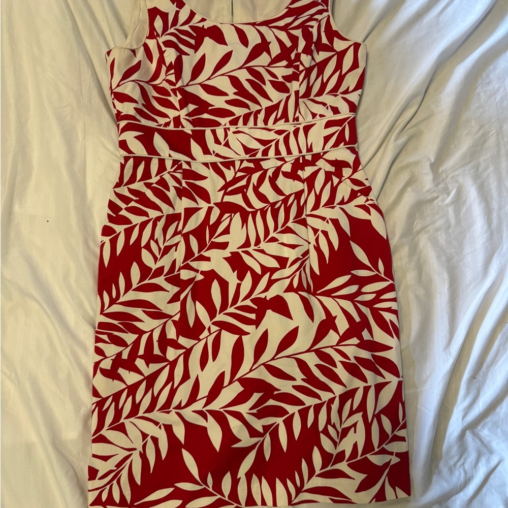 Tahari Red and White Leaf Print Midi Dress